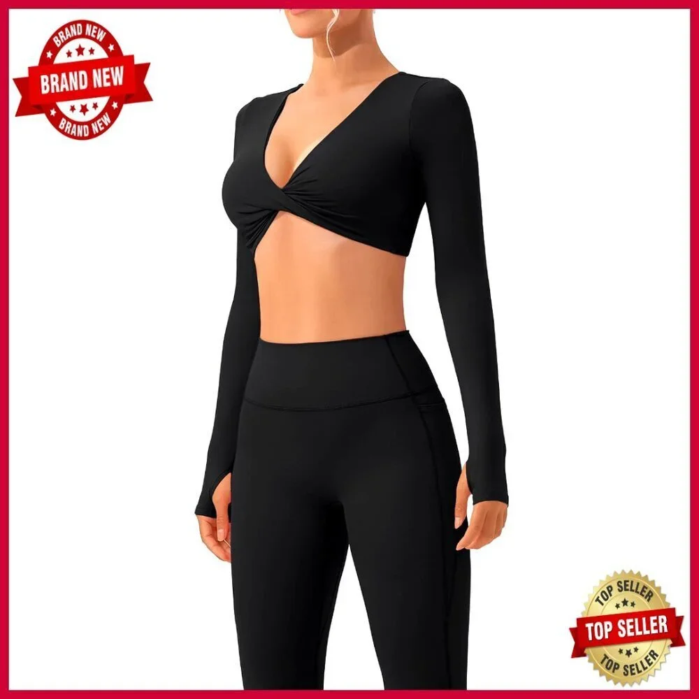Long Sleeve Crop Top & Leggings Workout Set with Pockets